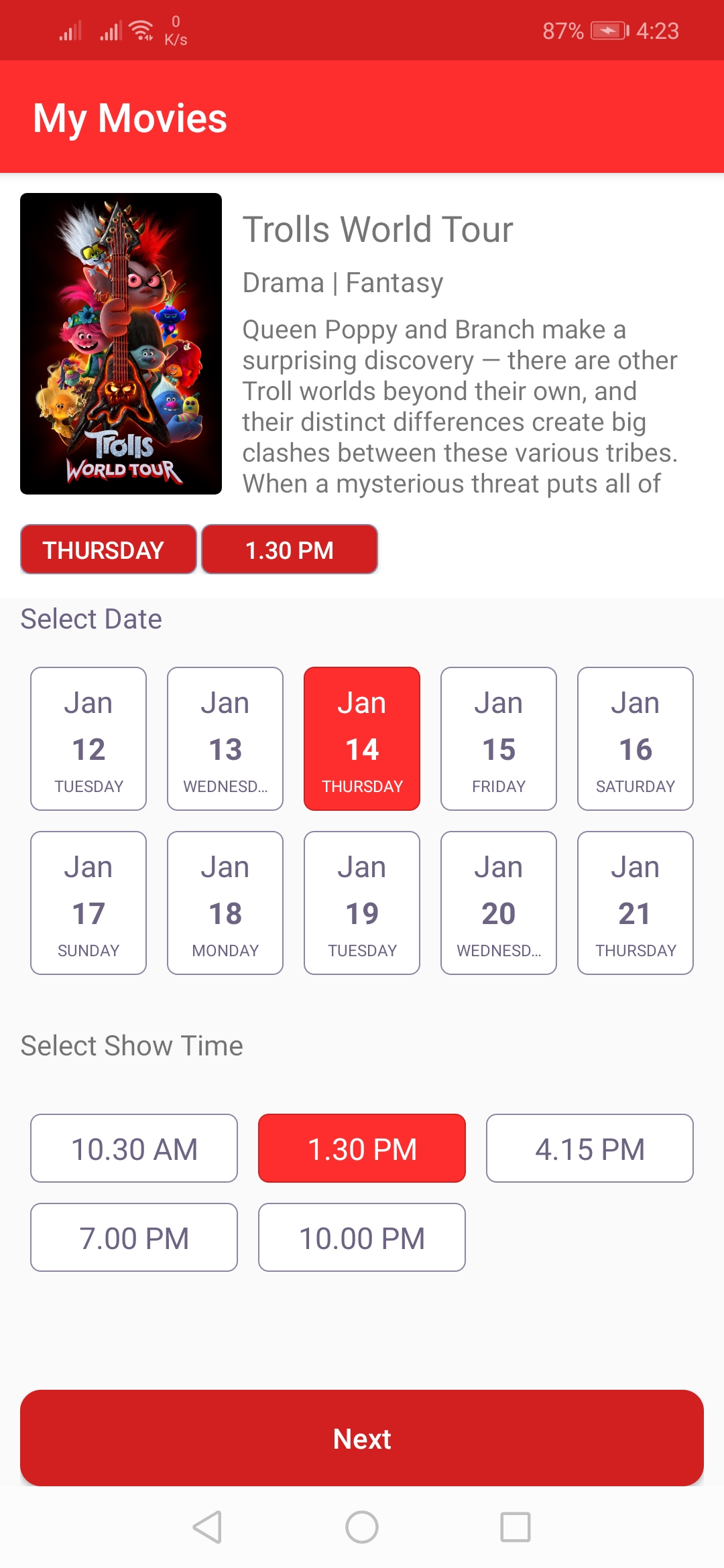 Seat selection screen